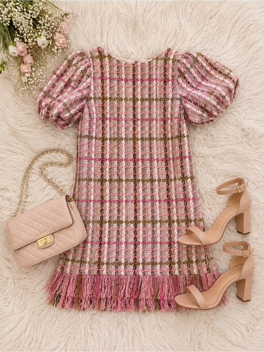 Aura Pink Plaid Tweed Dress with Fringe